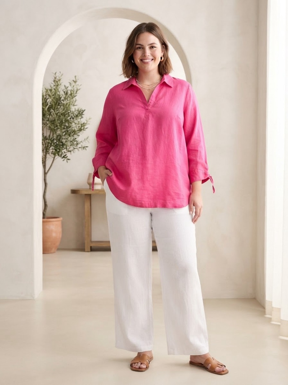 Isaac Mizrahi Hot Pink V-Neck Linen Tunic